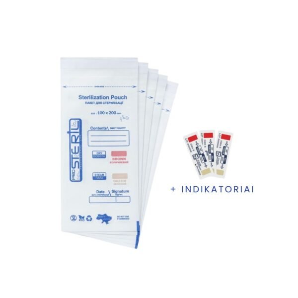 PRO STERIL sterilizavimo vokai su vidiniais indikatoriais (100x200 mm, balti) 100 vnt.