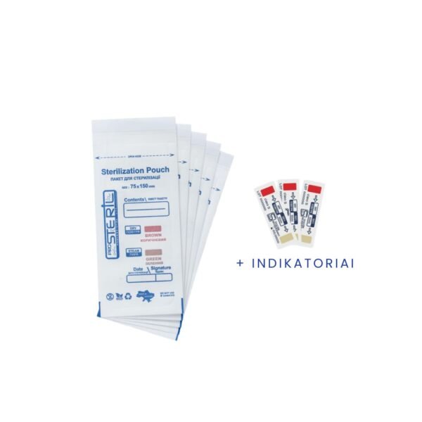 PRO STERIL sterilizavimo vokai su vidiniais indikatoriais (75x150 mm, balti) 100 vnt.