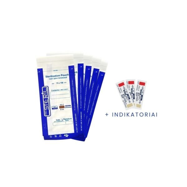 PRO STERIL sterilizavimo vokai su vidiniais indikatoriais (75x150 mm, skaidrūs) 100 vnt.