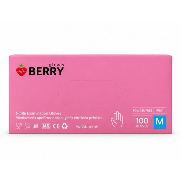 Vienkartinės šviesiai rožinės nitrilines pirštinės „Berry gloves“, M 100 vnt.