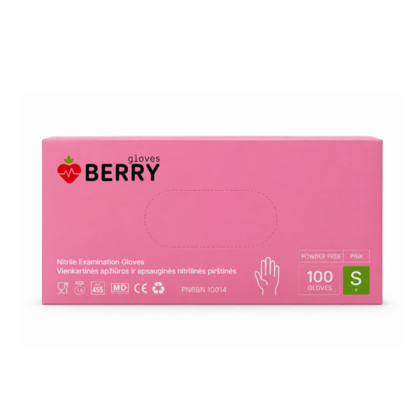Vienkartinės šviesiai rožinės nitrilines pirštinės „Berry gloves“, S 100 vnt.