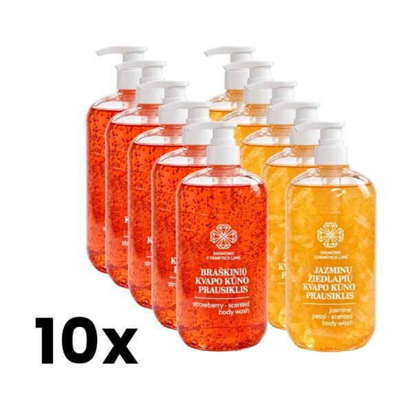 10 vnt. RINKINYS kūno prausiklis (su braškių sėklytėmis / jazminų žiedlapiais), 500 g