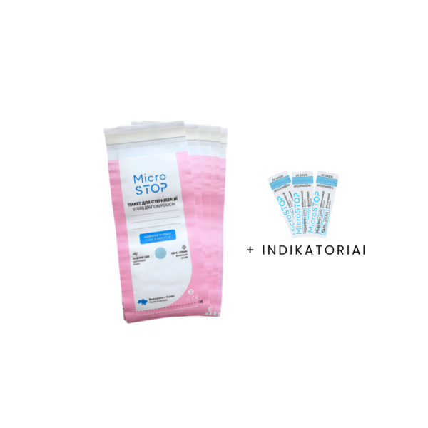MICROSTOP sterilizavimo vokai su vidiniais indikatoriais (75x150 mm, balti) 100 vnt.