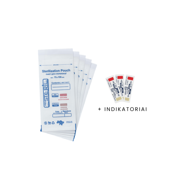 PRO STERIL sterilizavimo vokai su vidiniais indikatoriais (75x150 mm, balti) 100 vnt.