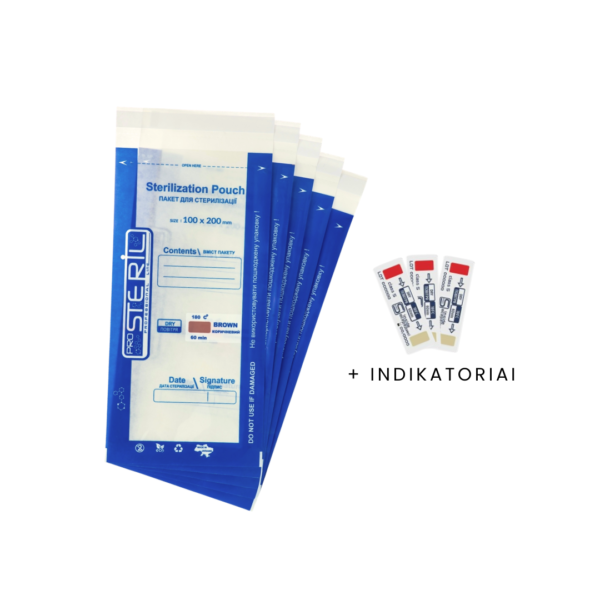 PRO STERIL sterilizavimo vokai su vidiniais indikatoriais (100x200 mm, skaidrūs) 100 vnt.